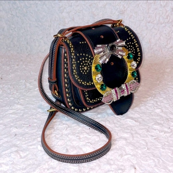 Miu Miu Rare Dahlia Madras Crystal Rhinestone Stud Black Leather Bag Purse - Picture 8 of 15